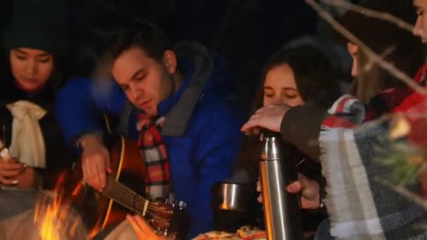 Un grupo de amigos pasando un buen rato junto al fuego en el bosque. Una merienda. Un joven afinando la guitarra — Vídeo de stock