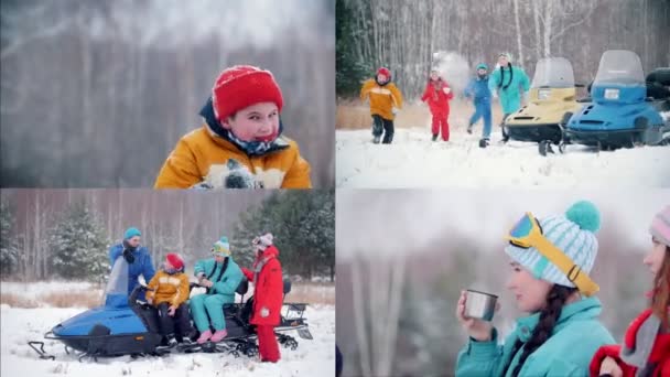 4 en 1 - bosque de invierno. familia joven divirtiéndose y sentada en motos de nieve — Vídeo de stock