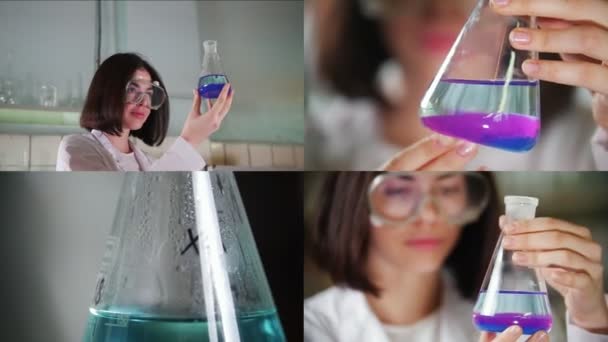4在 1-化学实验室。一个拿着烧瓶的年轻女子 — 图库视频影像