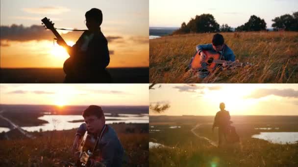 Pojke Runda Glasögon Spelar Gitarr Ett Fält Vid Solnedgången Collage — Stockvideo