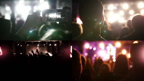 4 en 1 : club plein de monde. les gens debout sur le sol lors du concert. lumières vives — Video