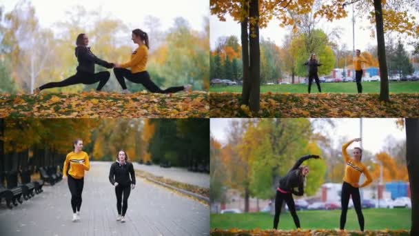 4 en 1 - dos mujeres jóvenes haciendo ejercicio al aire libre en el parque de otoño — Vídeo de stock