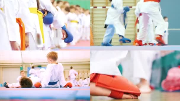 4 em 1: crianças pequenas estão envolvidas em artes marciais. karatê — Vídeo de Stock