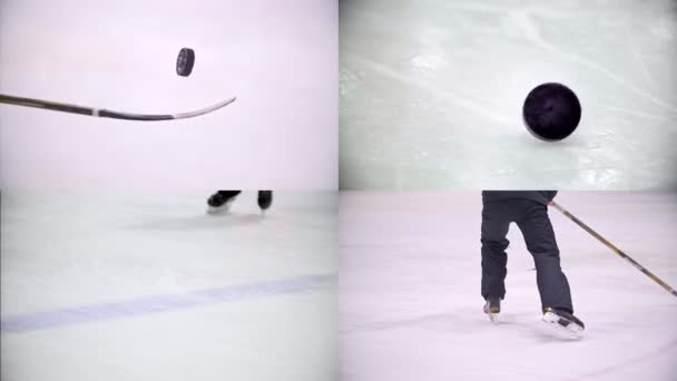 4 en 1: el entrenamiento del jugador de hockey con un disco y ralentiza los patines — Vídeo de stock