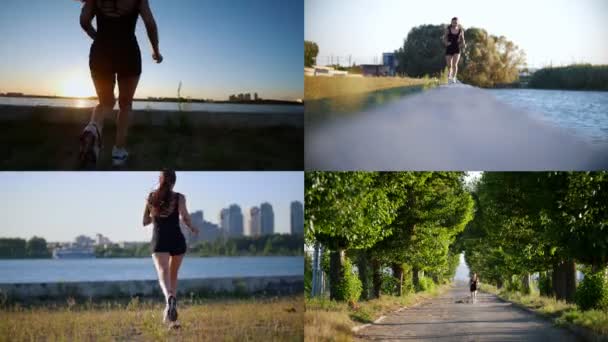 4 w 1: jogging. Młoda kobieta lekkoatletycznego działa w godzinach porannych. — Wideo stockowe