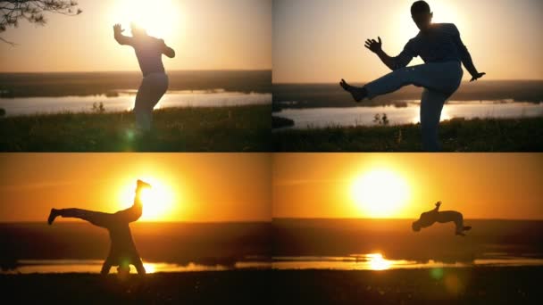 4 en 1 : L'homme athlétique montre des tours de capoeira, effectue un saut difficile sur le fond d'un magnifique coucher de soleil d'été — Video