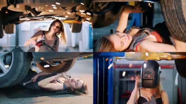4 σε 1: σέξι κορίτσι μηχανικός που εργάζονται στην υπηρεσία επισκευής αυτοκινήτων. Σπίθες φωτιάς — Αρχείο Βίντεο