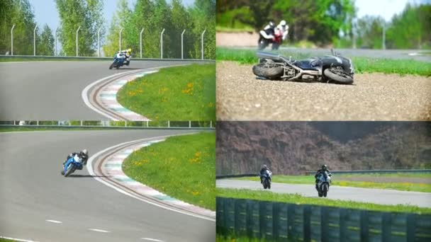4 in 1: Motorcycle competitions, turn to the right, people compete — Stockvideo