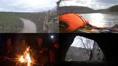 4'ü 1: Seyahat eden bir grup speleolog. Yürüyüş yapmak, ateşle oturmak, mağarayı keşfetmek. Kolaj