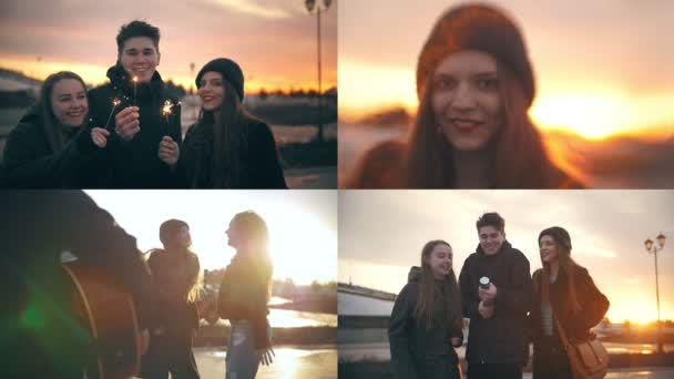 4 i 1: En gruppe venner tilbringer tid sammen på en solnedgang – Stock-video