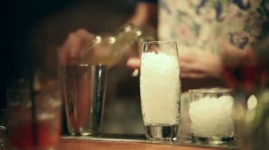 Barmen çalışıyor. Bir bardak buz dolu. Kokteyl shaker karışımı barmen. Orta atış