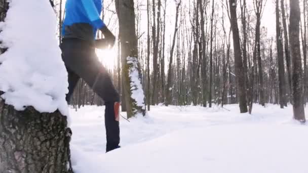 冬の森。若い男と女が朝のジョギング — ストック動画