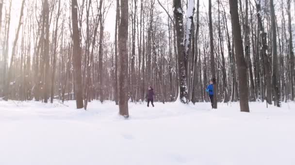 Winter forest. Jonge man en vrouw maken een ochtend joggen — Stockvideo