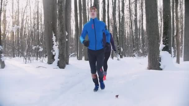 Fiatal férfi és nő fut a téli erdő a kora reggeli órákban. Gyönyörű napfény. Elölnézet — Stock videók