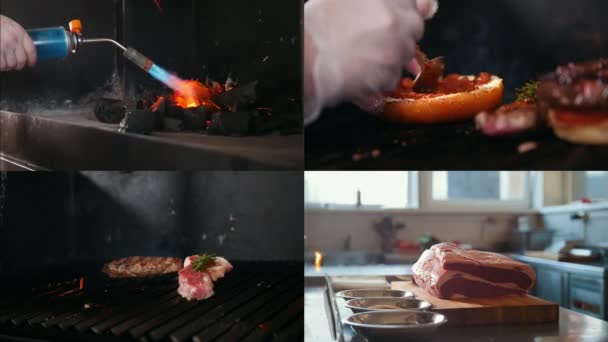 4 em 1: chef preparando alimentos para fritar. bbq . — Vídeo de Stock