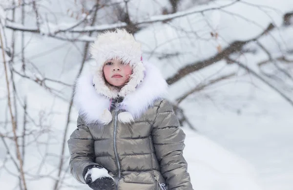 Winter forest. Een klein meisje op zoek boos golding een sneeuwbal — Stockfoto