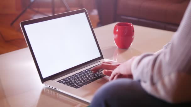 Людина сидить біля ноутбука і натискає на клавіатуру — стокове відео