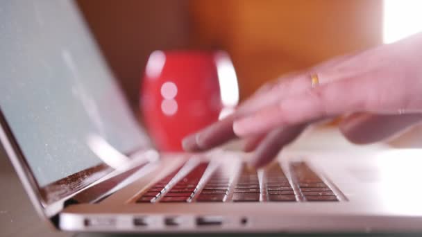 Una persona que trabaja junto al portátil. Pulsando en el teclado — Vídeos de Stock