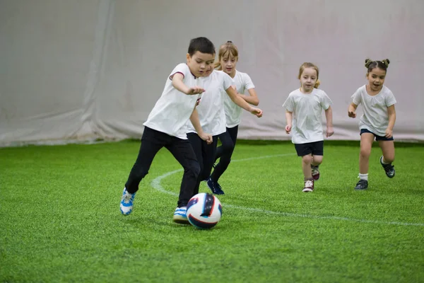 Çocuklar kapalı futbol oynuyor. Sahada çalışan çocuklar. Topu önde gelen küçük bir çocuk