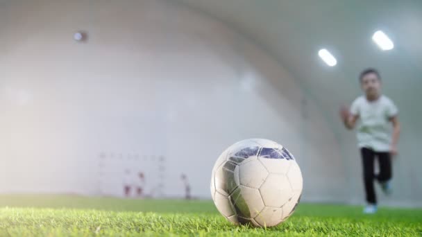 Indoor football arena. A little boy running towards the ball, takes it in hands and running away — Stock Video