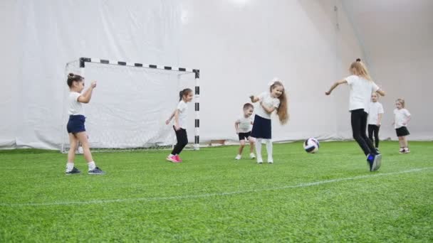 Arena de fútbol interior. Niños pequeños y felices jugando al dodgeball — Vídeo de stock