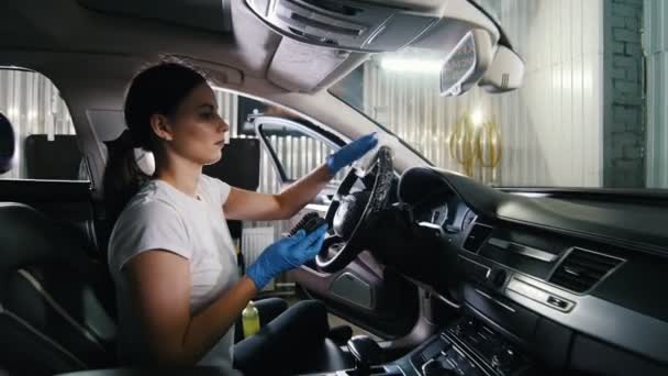 Молодая женщина чистит руль автомобиля — стоковое видео