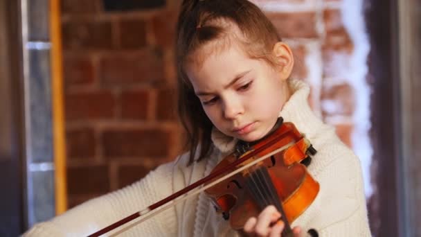 Una bambina in maglione bianco che impara a suonare il violino — Video Stock