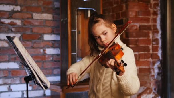 Lezione musicale. Una bambina che gioca a viollin con le note — Video Stock