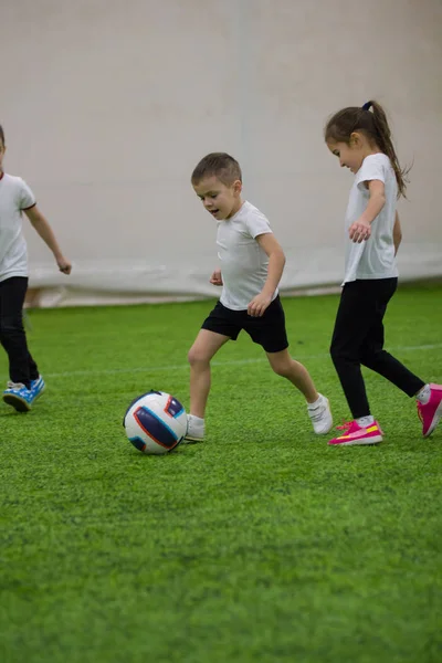 Copii mici lovind mingea pe teren jucând fotbal — Fotografie, imagine de stoc