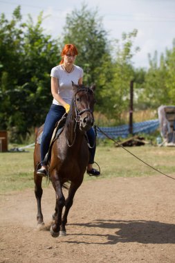 Sahada bir koyu kahverengi at binme bir kızıl saçlı kadın.