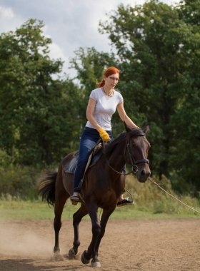 Beyaz t-shirt doğada koyu kahverengi at binme bir kızıl saçlı kadın.