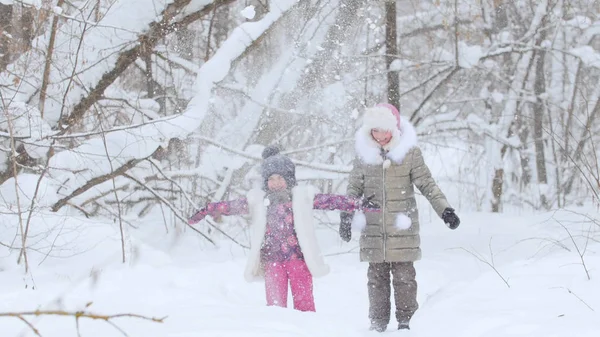 Twee kleine meisjes spelen met sneeuw in de winter woud. De sneeuw in de lucht gooien — Stockfoto