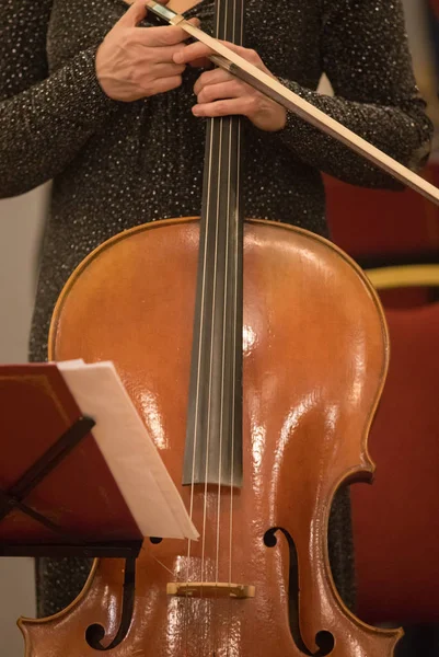 La fille dans la robe tient le violon dans la salle de concert — Photo