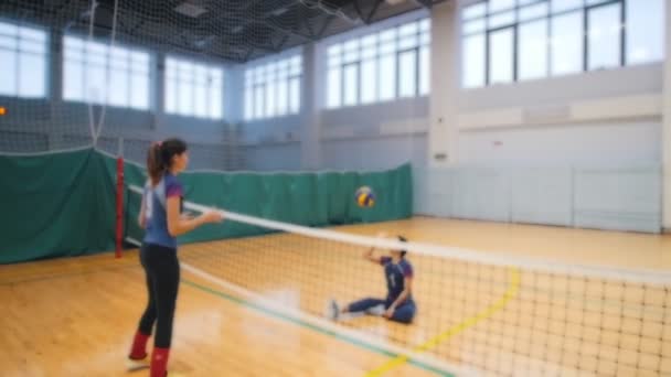 Sports pour personnes handicapées. Une jeune femme assise sur le sol du gymnase et jouant au volley-ball avec son entraîneur debout — Video