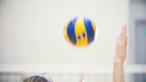 Uma jovem a jogar voleibol. Bater a bola com uma mão — Vídeo de Stock