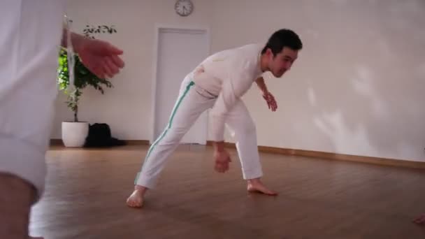 Capoeira. En grupp av smortsman som värmer upp sina kroppar före utbildningen — Stockvideo