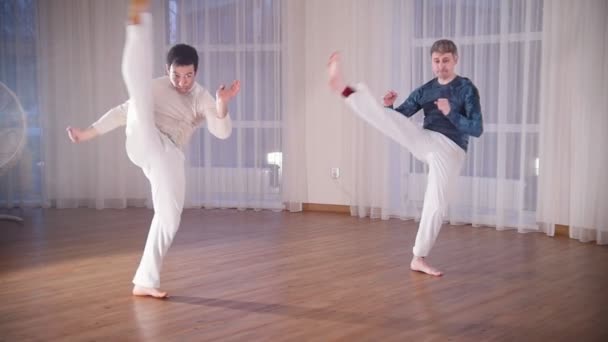 Artes marciales. Dos hombres acrobáticos ejecutando sincrónicamente elementos de capoeira — Vídeos de Stock