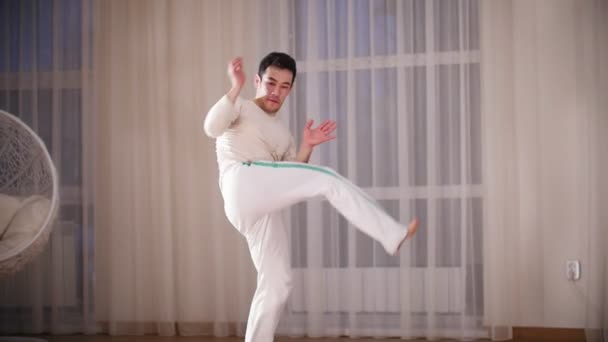 Sztuki walki. Capoeira. Professionalman wykonuje swing capoeira i przewraca opierając się na ręce — Wideo stockowe