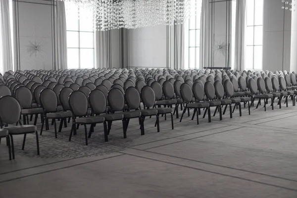 Sala de conferências vazia. Fileiras vazias de cadeiras. Luz brilhante vinda das janelas — Fotografia de Stock