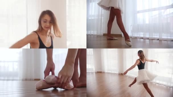 4 in 1. Young woman ballerina training her dancing in the bright studio — Stock Video