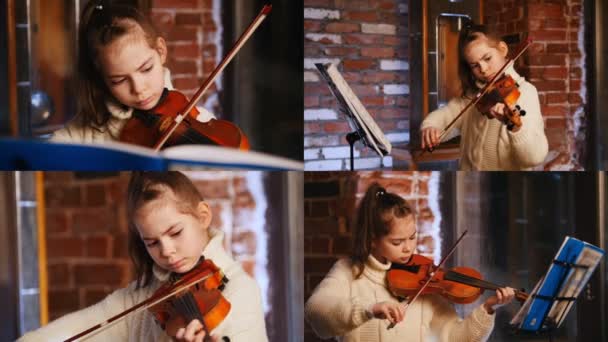 4 en 1. Une petite fille en pull blanc jouant du violon par notes — Video