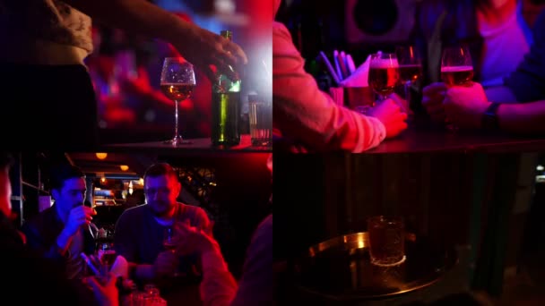 4 in 1: Bar con illuminazione al neon. Compagnia di amici che bevono birra . — Video Stock