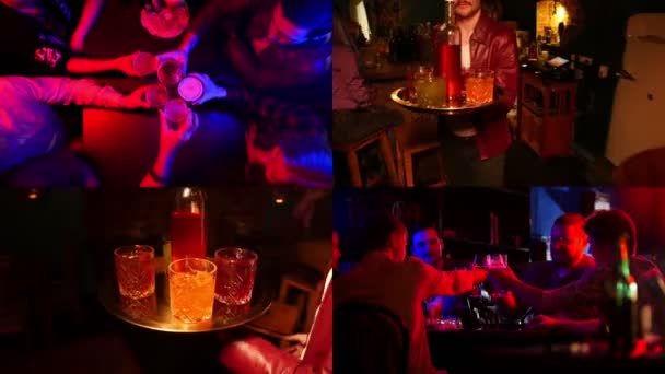 4 in 1: Bar con illuminazione al neon. Compagnia di amici che bevono birra . — Video Stock