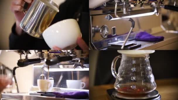 4 en 1: barista haciendo diferentes tipos de café — Vídeos de Stock