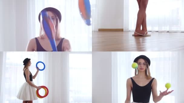 4 in 1. junge Ballerina führt Zirkustricks im hellen Studio vor — Stockvideo