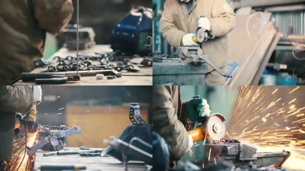 4 in 1: ein Mann, der mit einer Schleifmaschine arbeitet. Feuer funkelt — Stockvideo