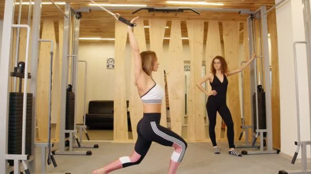 Mujeres jóvenes haciendo ejercicio en el gimnasio. Una mujer haciendo ejercicios de fuerza en sus manos. Otra mujer mirándola. — Vídeos de Stock