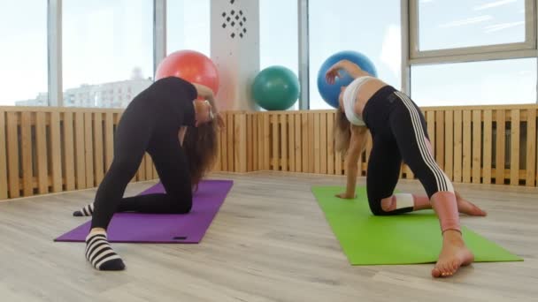 Mujeres jóvenes atléticas haciendo yoga en el gimnasio . — Vídeos de Stock
