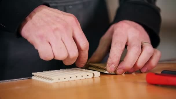Egy férfi hozza össze gumi birtokosai és a vezetékek dobja téma — Stock videók