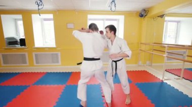 Atletik erkekler aikido dövüş sanatı meşgul. Bir adam rakibini yakalayıp yere atar.